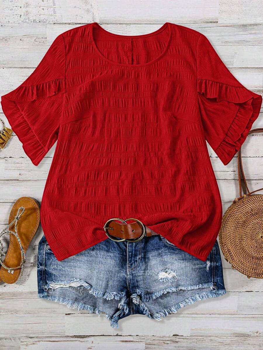 Linhara Plus Size Plain Colored Short Sleeve Shirt, Simple & Fashionable Suitable For Summer - Red - View 1