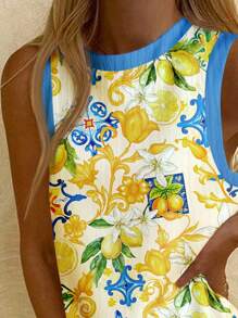 SHEIN EZwear 女士休闲无袖迷你连衣裙，意大利柠檬印花，浪漫，迈阿密女孩，岛屿女孩，海滩，音乐节，乡村海滨度假风格，适合夏季度假 - 彩色 - 查看 5