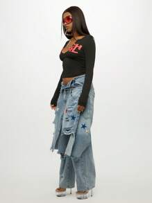 SUMWON WOMEN Áo crop top tay dài phong cách đường phố, áo thun dệt kim họa tiết thời trang câu lạc bộ tiệc tùng cổ chữ V sâu, quà tặng lễ hội ngày lễ - màu đen - Xem 5