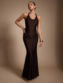 Hauture 女式夏季性感夜场扭肩深棕色亮片长裙 - 棕色 - 查看 5