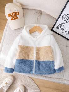 SHEIN Babyboy/Babygirl Casual Cute Colorblock Fluffy Hooded Long Sleeve Jacket, Autumn/Winter Fall - Multicolor - View 9
