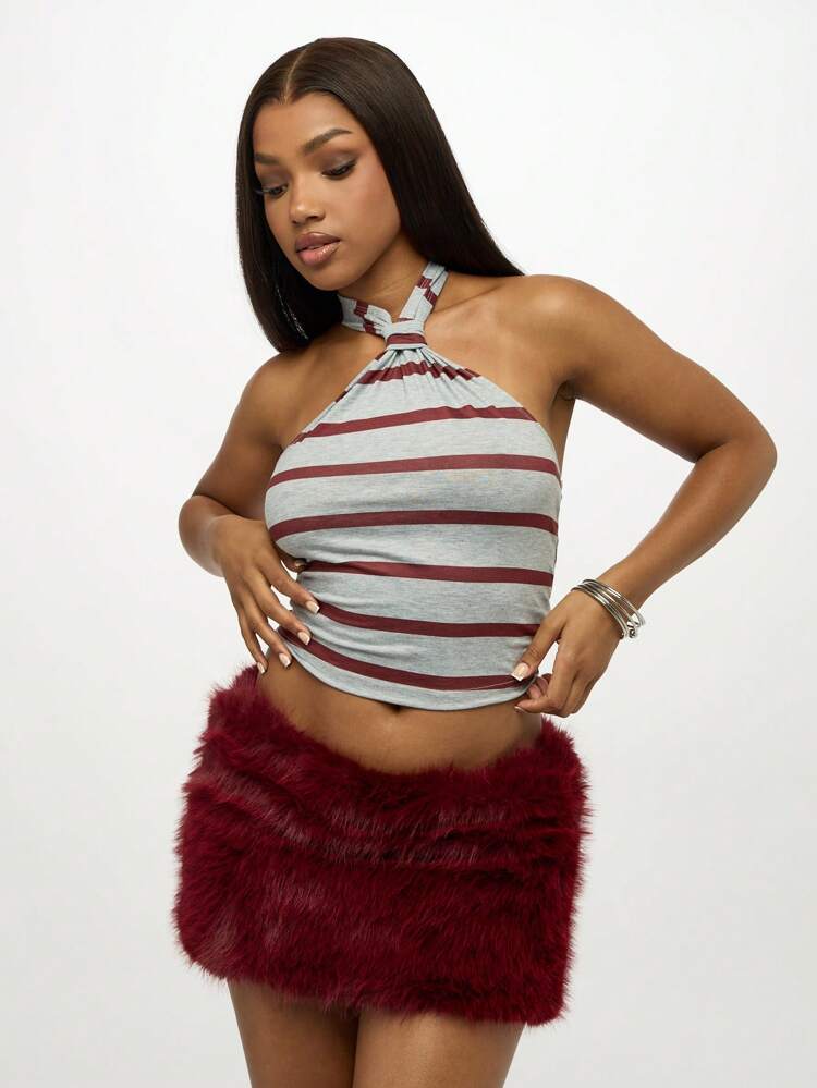 SUMWON WOMEN Striped Halter Neck Crop Top With Twist Design