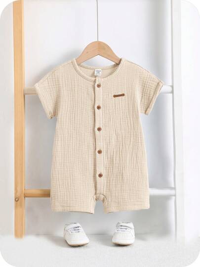 SHEIN Newborn Baby Boy Summer Cute Solid Color Short Sleeve Romper & Shorts Set
