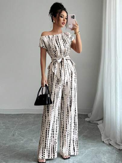 Elenzga Women's Summer Set, Asymmetrical Neck Batwing Sleeve, Drawstring Waist, Fitted Pants, Knitted Printed Fabric, Elegant And Versatile Young Style