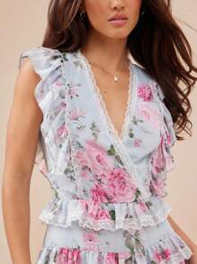 WESTFADE Bộ đồ liền thân xếp nếp nhiều tầng bằng vải voan in hoa cổ chữ V tay bồng bềnh trang phục dự tiệc đồng quê kỳ nghỉ hè - Màu xanh lam - Xem 4