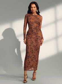 Almamuse Vestido largo ajustado con mangas divididas y estampado floral ditsy de malla para mujer