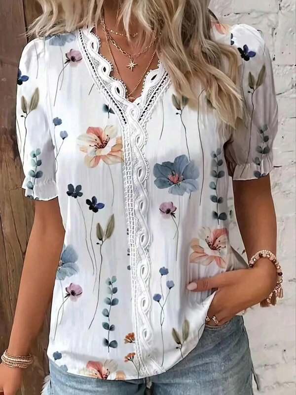 SHEIN LUNE Women's Vacation Leisure Floral Print Contrast Lace Puff Sleeve Shirt,Short Sleeve Tops