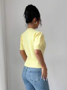 Elenzga Summer Vacation Yellow Pearl Button Puff Sleeve Cardigan - Yellow - View 2