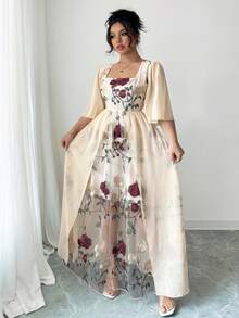 SHEIN Clasi Váy Celure cỡ lớn thêu hoa cổ chữ V thanh lịch, thường ngày cho mùa xuân/hè - Màu be - Xem 7