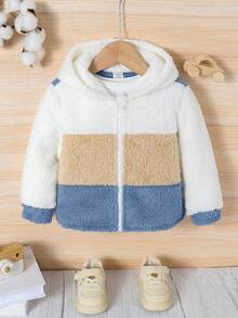 SHEIN Babyboy/Babygirl Casual Cute Colorblock Fluffy Hooded Long Sleeve Jacket, Autumn/Winter Fall - Multicolor - View 7