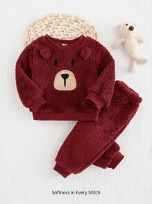 Cozy Pixies 两件套男婴卡通熊图案保暖内衬圆领长袖连帽衫和运动裤套装，婴儿熊图案保暖睡衣，冬季婴儿服装，秋季婴儿服装 - 酒紅色 - 查看 5
