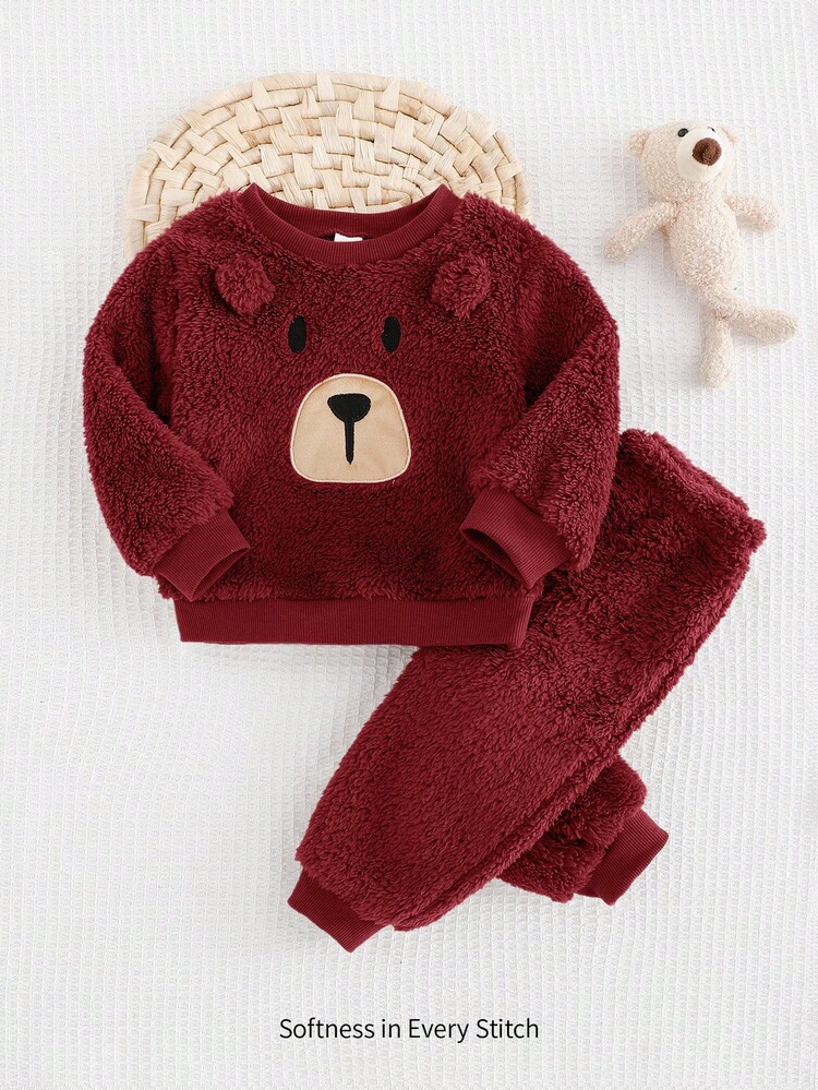 2pcs Baby Boy Cartoon Bear Pattern Thermal Lined Crew Neck Long Sleeve Hoodie And Jogger Pants Set Baby Bear Outfit Warm Baby Pajamas Winter Baby Clothes Fall - Burgundy - View 5