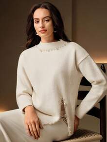 Anewsta 女士优雅设计串珠圆领修身休闲百搭开叉下摆毛衣，适合秋季、秋季、冬季、外出、优雅、正式、派对、别致、新年、圣诞节、工作、毕业、婚礼 - 杏色 - 查看 3