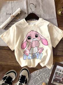 SHEIN Leap Crew 2 件套 Kawaii Naughty Lulu 蝴蝶结兔子，粉色和奶油白色，青少年女孩休闲简约短袖圆领 T 恤，适合夏季、返校季、2000 年代风格、清凉夏日、度假氛围 - 彩色 - 查看 4