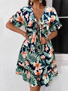 SHEIN LUNE Women's Casual Tropical Print Dress - Royal Blue - View 5