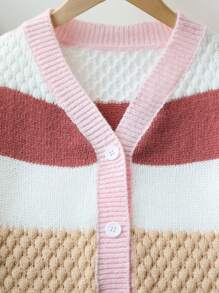 SHEIN Áo len cardigan dài cổ chữ V kẻ sọc cho bé gái, mềm mại và ấm áp cho mùa tựu trường, Thu/Đông - Nhiều màu - Xem 5