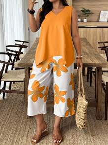 Weeklong Casual Vacation Style Sleeveless Plus Size 2 Pieces Set With Floral Patchwork - Orange - View 1