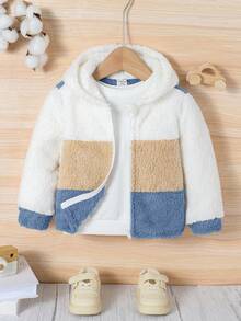 SHEIN Babyboy/Babygirl Casual Cute Colorblock Fluffy Hooded Long Sleeve Jacket, Autumn/Winter Fall - Multicolor - View 10