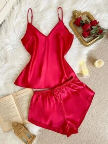 SilkySpell Set de lencería de 2 piezas para mujer compuesto por top de tirantes con escote pronunciado y shorts, de malla transparente y acabado de encaje de satén elegante
