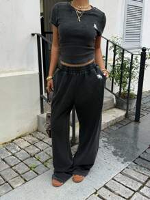 Muchica 黑色针织刺绣圆领短袖上衣配长裤休闲套装 - 黑色 - 查看 5