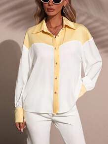 SHEIN LUNE Women's Elegant Fashion Commuter Casual Comfortable Charming Retro Holiday Contrast Color Gold Button Long Sleeve Loose Solid Color Blouse Fall Cloth For Women - Yellow - View 3