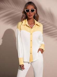 SHEIN LUNE Women's Elegant Fashion Commuter Casual Comfortable Charming Retro Holiday Contrast Color Gold Button Long Sleeve Loose Solid Color Blouse Fall Cloth For Women - Yellow - View 7