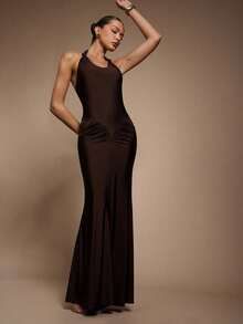 Hauture 女式夏季性感夜场扭肩深棕色亮片长裙 - 棕色 - 查看 1