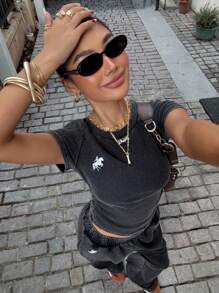 Muchica 黑色针织刺绣圆领短袖上衣配长裤休闲套装 - 黑色 - 查看 3