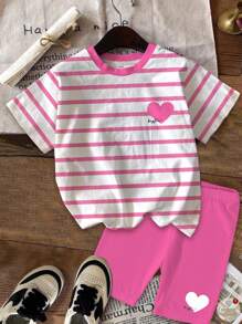 SHEIN 2pcs/Set Tween Girls' Casual Minimalist Pink Striped Heart Pattern Short Sleeve T-Shirt And Shorts, Back To School, Preppy Style, Suitable For Summer - Multicolor - View 2