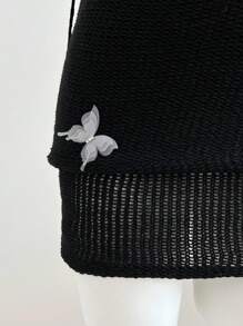 Elamini Women's 3D Butterfly Decor Hollow Back Halter Neck Knit Dress - Black - View 4