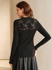 Anewsta Suéter elegante y delgado de mujer con cuello alto, parches de encaje y calado - Negro - Ver 7