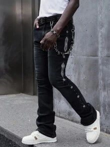 ROMWE MEN Street Life Spring/Summer Casual Men'S Sparkling Diamond Layered Flare Jeans - Dark Wash - View 2