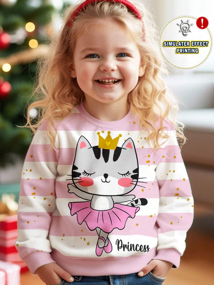 SHEIN 可爱芭蕾猫印花，粉色条纹，年轻女孩休闲宽松圆领柔软日常针织长袖运动衫，适合秋冬季 - 彩色 - 查看 1