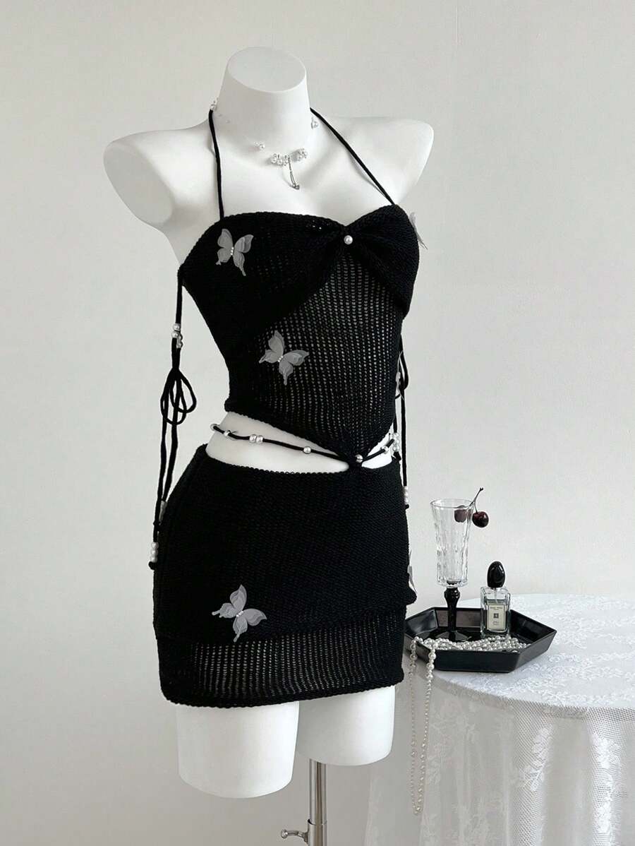 Elamini Women's 3D Butterfly Decor Hollow Back Halter Neck Knit Dress - Black - View 1