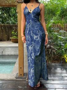 SHEIN Unity Paisley Print V-Neck Backless Tie-Up Button Designed Maxi Slip Dress - Navy Blue - View 6