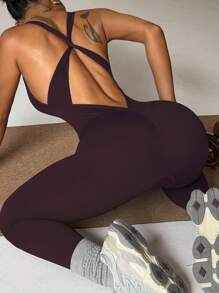 Slayform Women's Solid Deep V-Neck Twist Back Bodycon Sports Jumpsuit - Purple - View 4