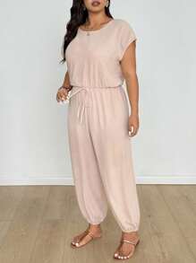 EMERY ROSE 大码女式休闲纯色短袖连体裤 - 杏色 - 查看 3