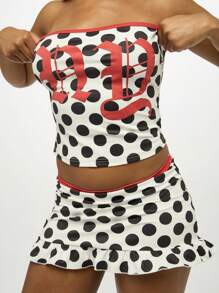 SUMWON WOMEN Polka Dot Mini Co Ord Set Two Piece Crop Top Mini Skirt Summer Festival Y2K Ruffle Hem Strapless Party Club Outfit - White - View 4