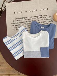 SHEIN 3 件装年轻男孩蓝色条纹拼色休闲 T 恤，适合度假、上学、居家、郊游和旅行，夏季