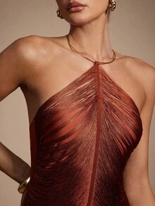 Hauture 女士金色金属装饰吊带流苏性感派对连衣裙 - 紅色 - 查看 2