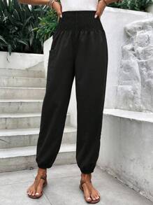 SHEIN LUNE Pantalones joggers de talle alto con cordón para mujer, de unicolor - Negro - Ver 4