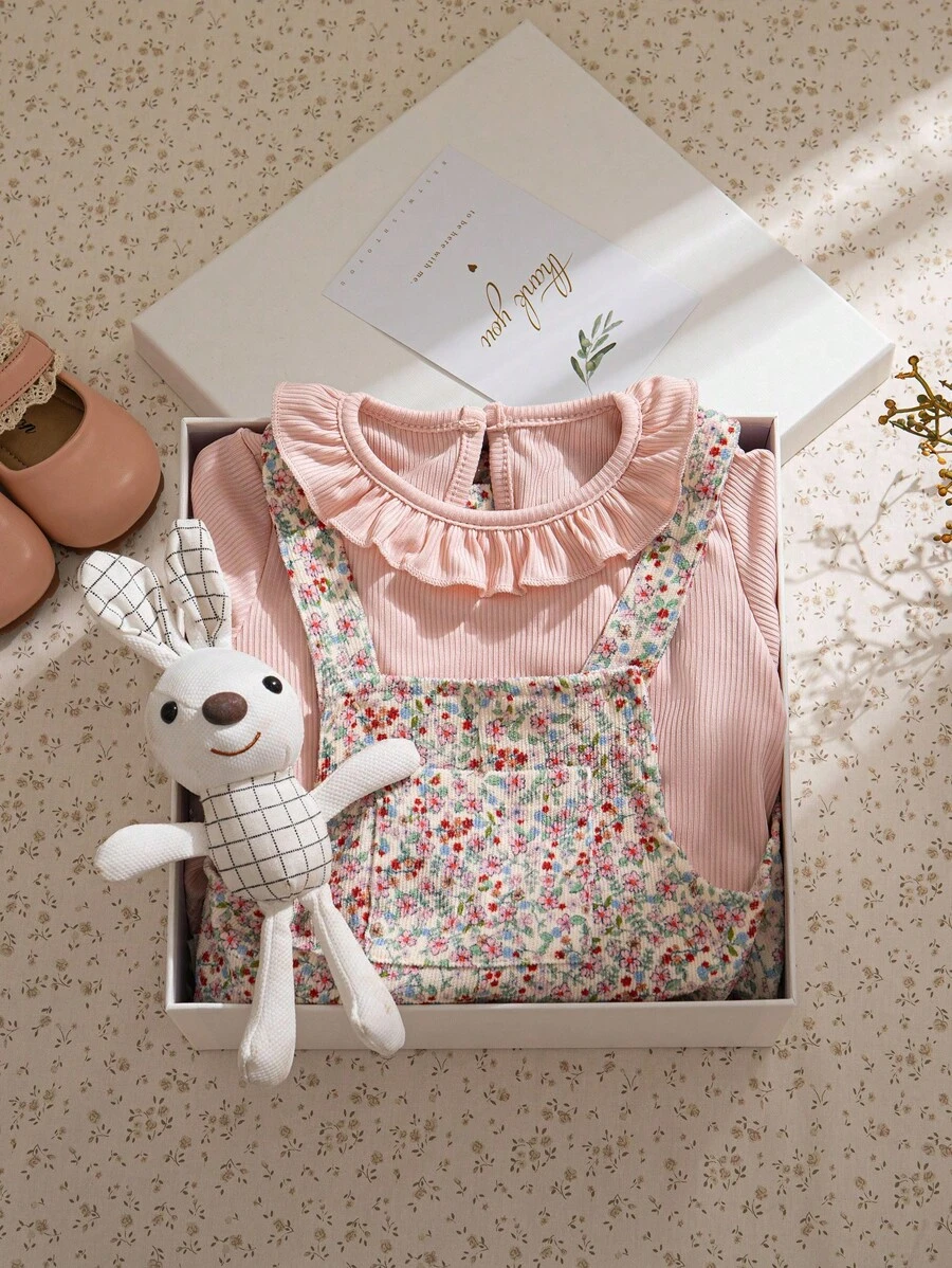 Souflis Souflis 2 件套幼儿女童复古花卉灯芯绒吊带裤 + 提花针织长袖 T 恤套装，适合日常穿着、家庭聚会的休闲装 - 珊瑚粉 - 查看 1