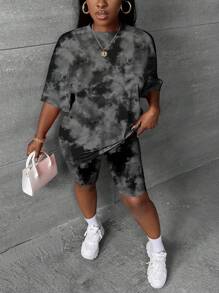 Slaydiva Bộ đồ 2 món họa tiết nhuộm loang màu xám đậm đơn giản, thường ngày, cỡ lớn, thích hợp cho mùa hè - Màu xám đen - Xem 2