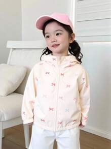 Young Girl Casual Everyday Bow Print Zip-Up Hooded Jacket Fall Winter - Multicolor - View 3