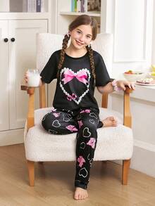 可爱珍珠心形蝴蝶结印花女童睡衣 - 黑色 - 查看 4