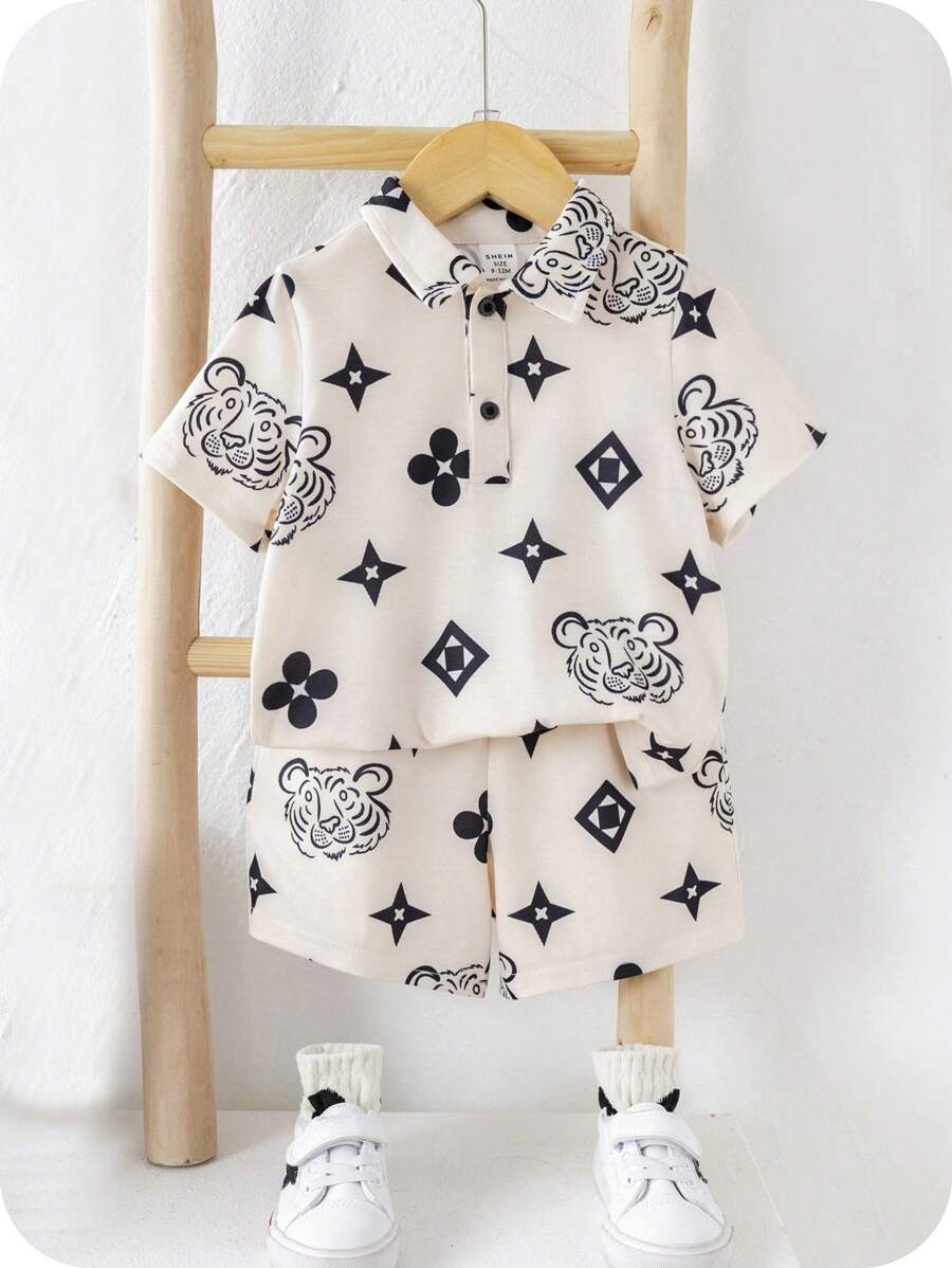 SHEIN Bộ 2 món/bộ áo thun polo dệt kim dễ thương vui nhộn phong cách đại học cho bé trai/bé gái, thích hợp mặc ở nhà mùa xuân/hè và mặc ngoài trời - Màu Khaki - Xem 1