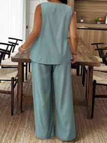 EMERY ROSE Große Größen Lässig einfarbiges Set mit Ausschnitt ohne Ärmel Top und Hose, 2 Stücke