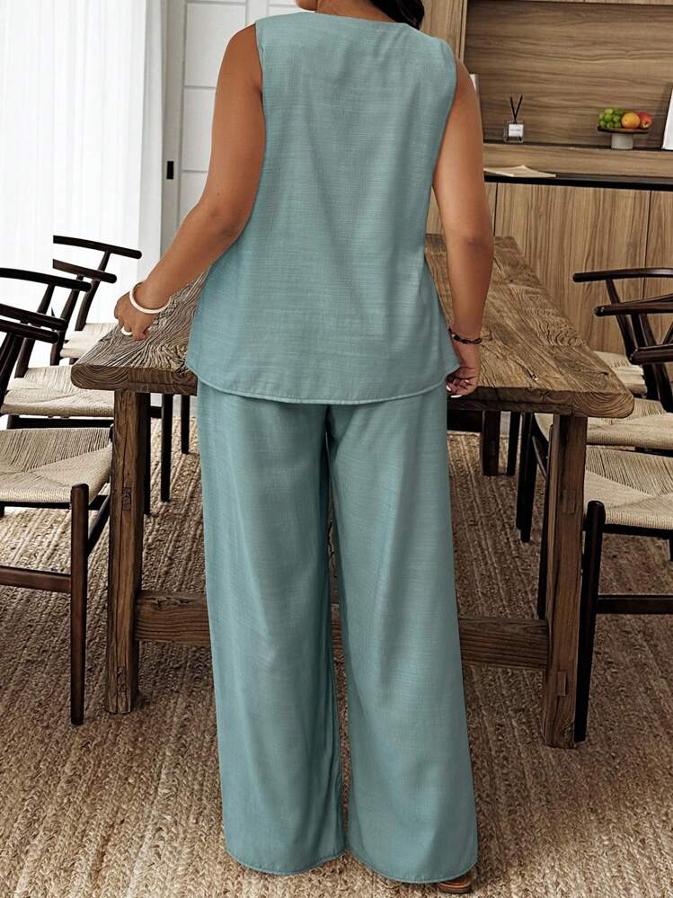 EMERY ROSE Conjunto de 2 peças plus size casual cor sólida gola entalhada sem mangas blusa e calça - Menta verde - Ver 2