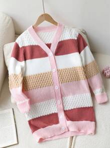 SHEIN Áo len cardigan dài cổ chữ V kẻ sọc cho bé gái, mềm mại và ấm áp cho mùa tựu trường, Thu/Đông - Nhiều màu - Xem 1