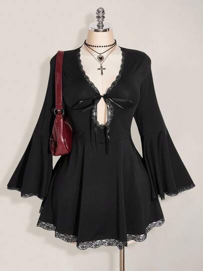 SHEIN ICON Plus Size V-Neck Lace Patchwork Flare Sleeve Knit Dress, Sexy V-Neck Backless Bowknot Mini Dress, Y2K, Halloween Costume,Fall Clothes For Women